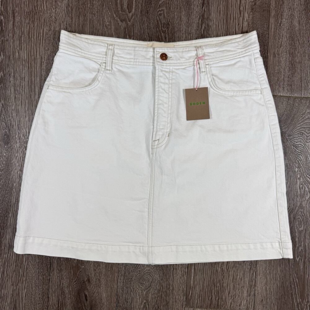 New Boden Off White Denim Jean Mini Skirt Ladies Size 12 R Stretch 5 Pocket